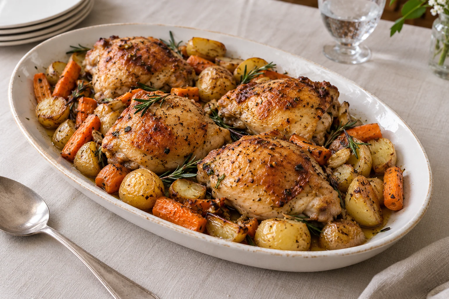 Frango assado com pele dourada, legumes e ervas em travessa de cerâmica — imagem criada com IA