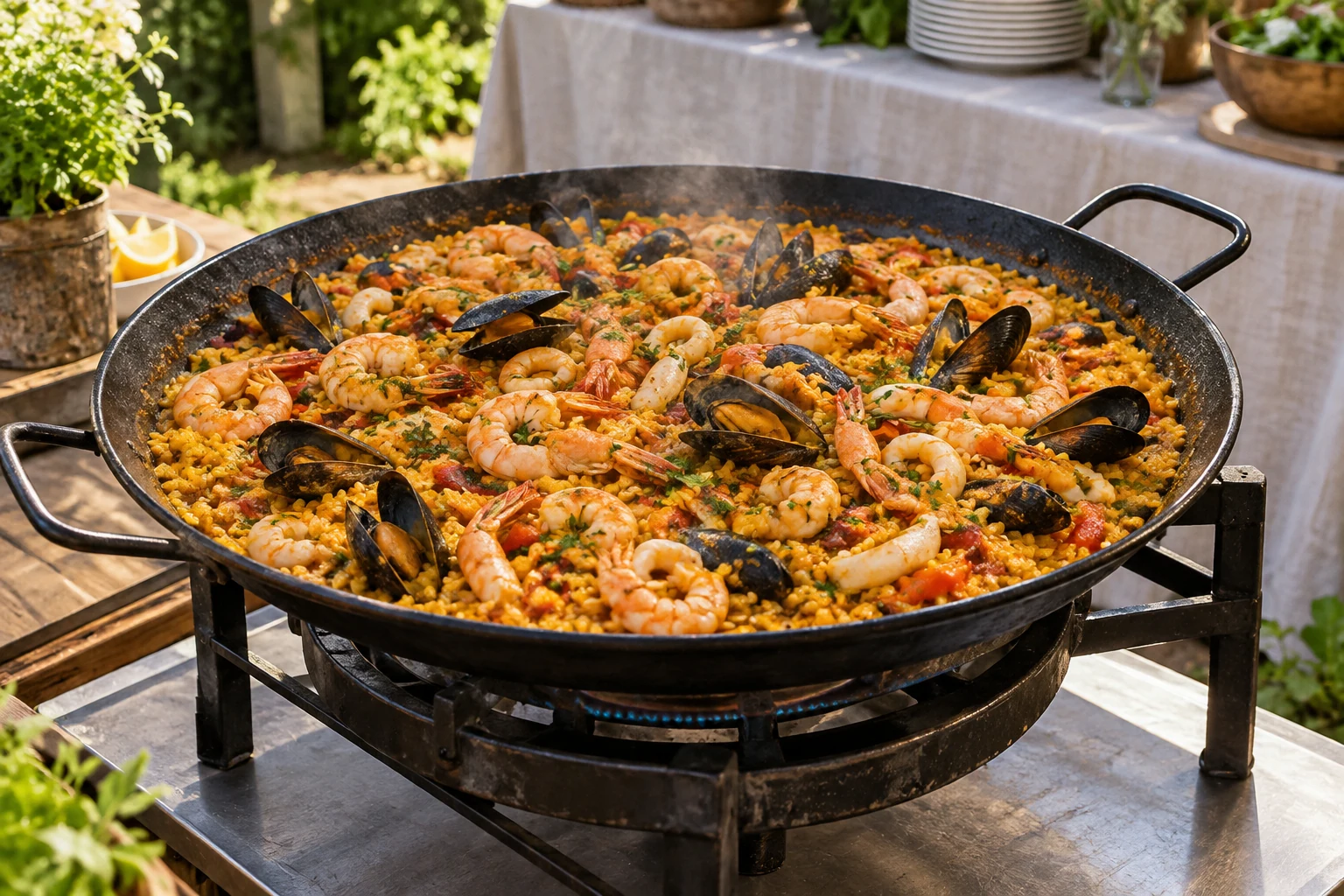 Paellera de frutos do mar com arroz, camarões e mexilhões em uma estação de evento — imagem criada com IA