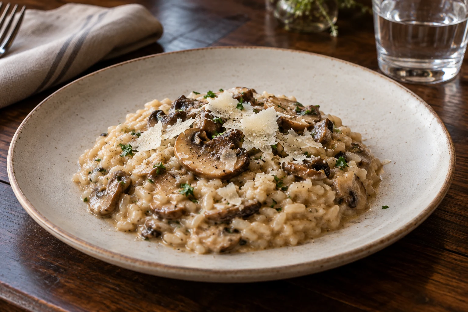 Risoto de cogumelos cremoso com grãos definidos e parmesão em prato de cerâmica — imagem criada com IA
